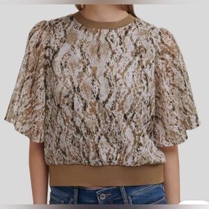 DKNY Women's Brown Crew Neck Short Flutter Sleeve Snake pattern Blouse size M NW